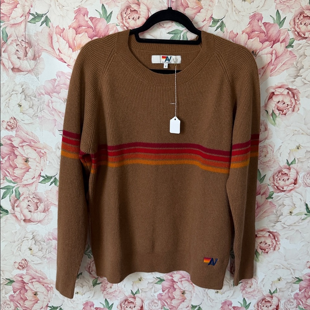 76-$449 NWT Aviator Nation RAINBOW STRIPE UNISEX CASHMERE SWEATER BUTTERSCOTCH - Picture 4 of 7